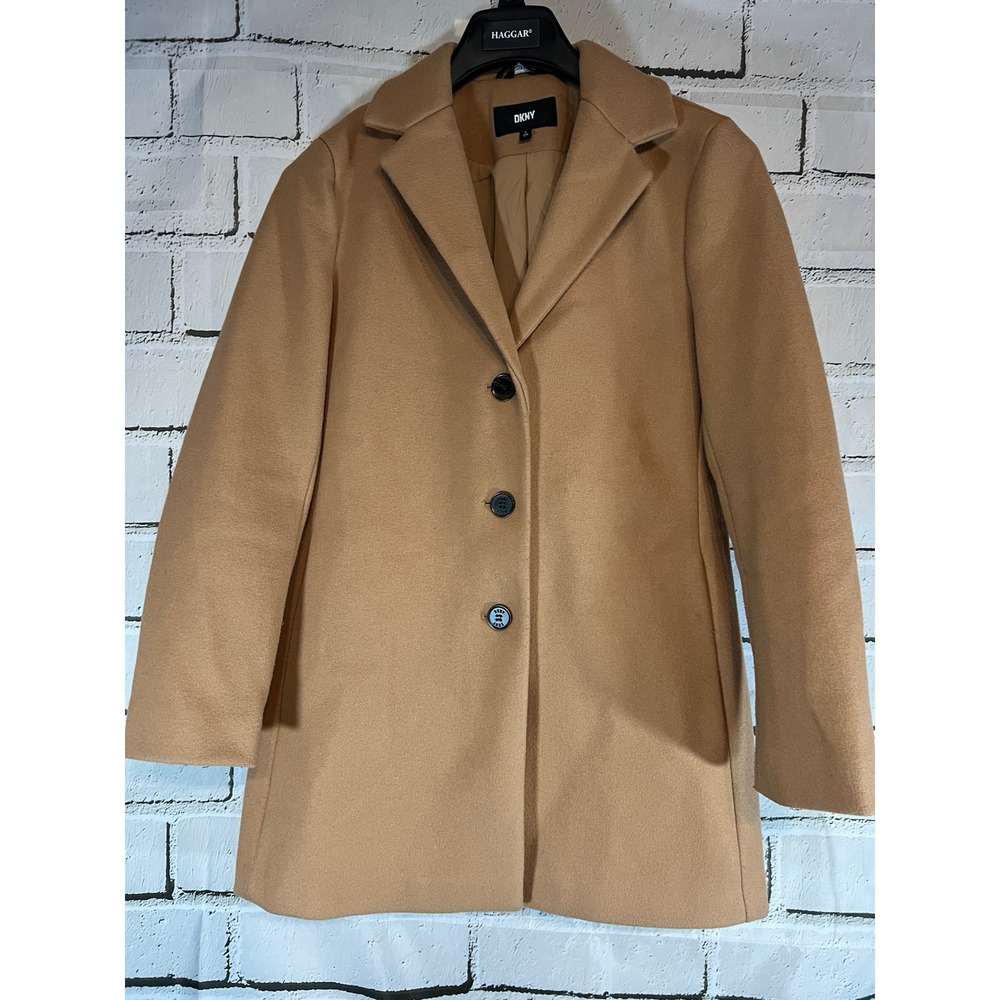 DKNY Womens Camel Tan Wool Blend Single Breasted Walker Coat Size S Notch Lapel